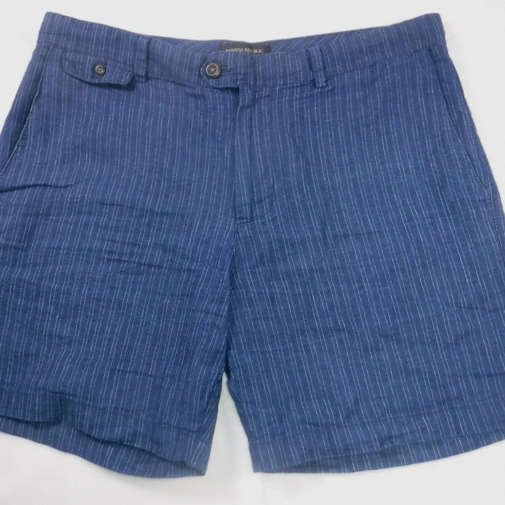Banana Republic Mens Blue Pinstripe Linen Blend Shorts Size 33 Summer Preppy‎